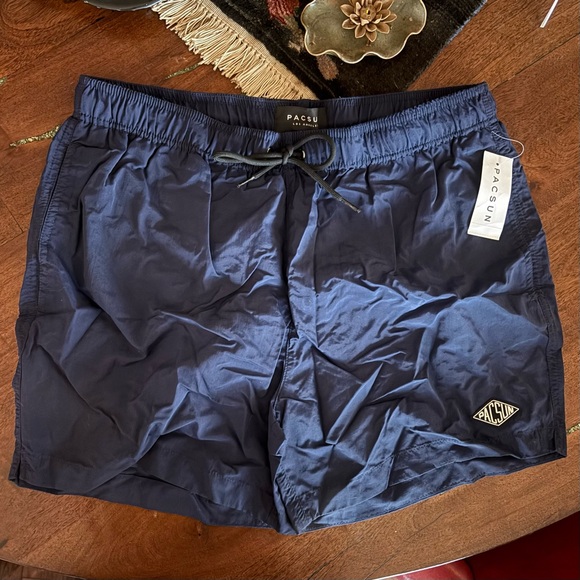 PacSun Men's Navy Blue Swim Trunks with Drawstring - Picture 2 of 6